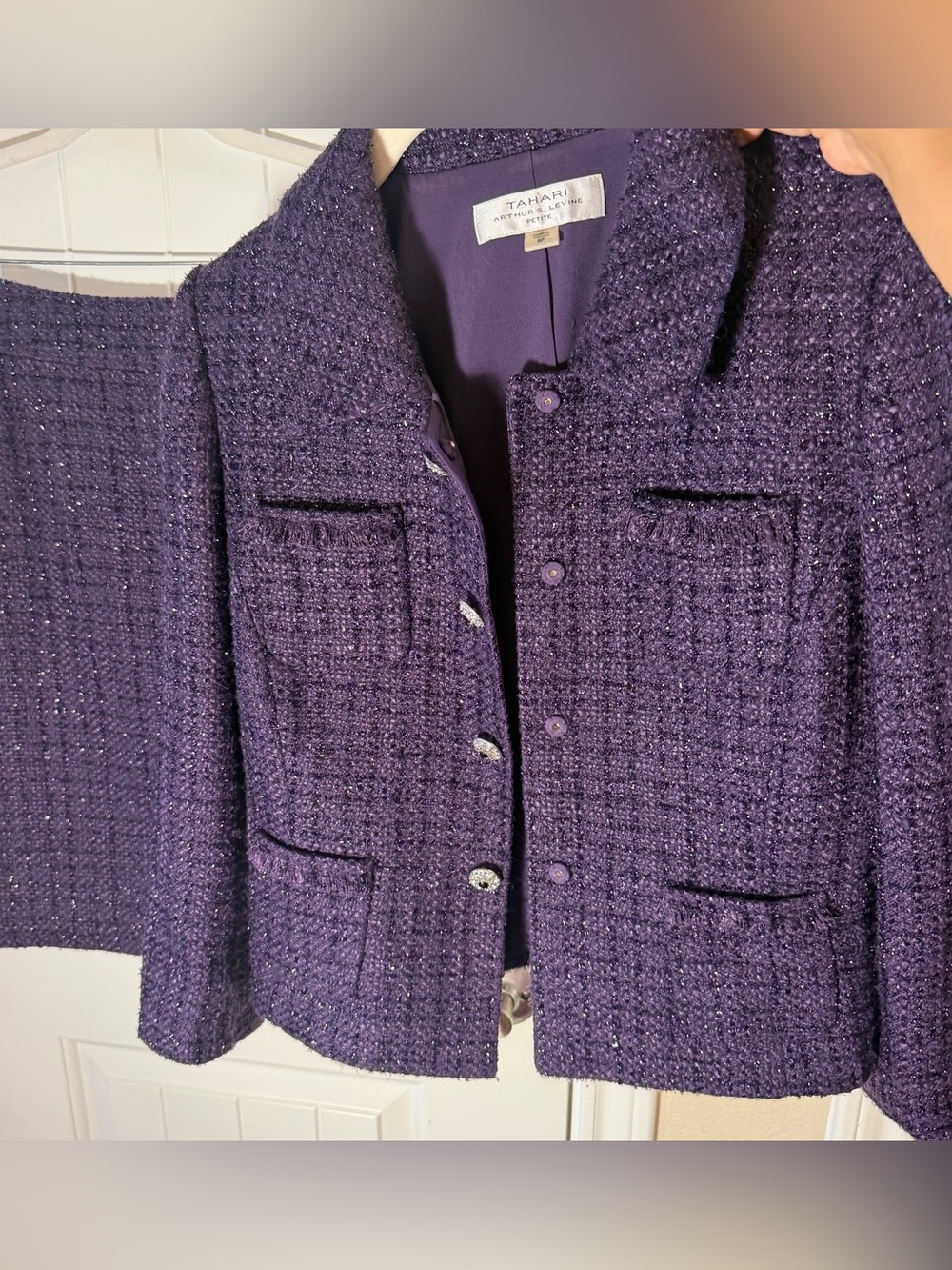 Tahari Arthur S. Levine Purple Metallic Tweed Skirt Suit Set 6P Petite
